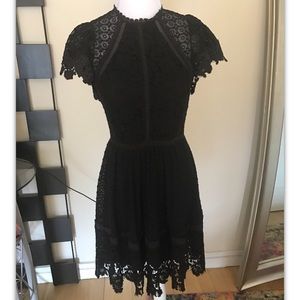 Vintage Rebecca Taylor Mixed Lace Fit & Flare Cap Sleeve Mini Little Black Dress